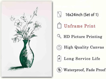 Vintage Floral Wall Art Flower Sketch Abstract Flower Picture Flowers In A Vase Wall Art Engrave Line Canvas Neutral Sketch Minimalist Mid Century Painting Living Room Decor 16x24inch No Frame