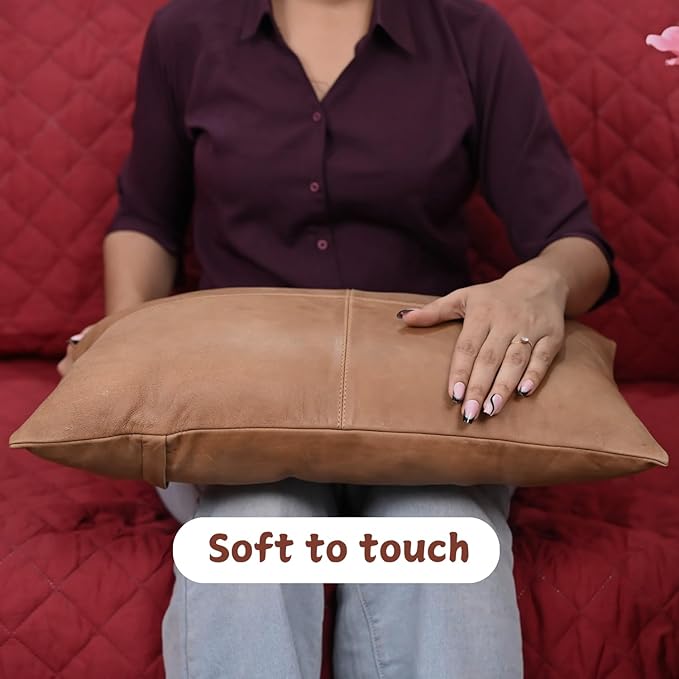 100% Lambskin Leather Pillow Cover - Sofa Cushion Case - Decorative Throw Covers for Living Room & Bedroom, 20X28 Inch - Antique Brown Plain Pack of 1