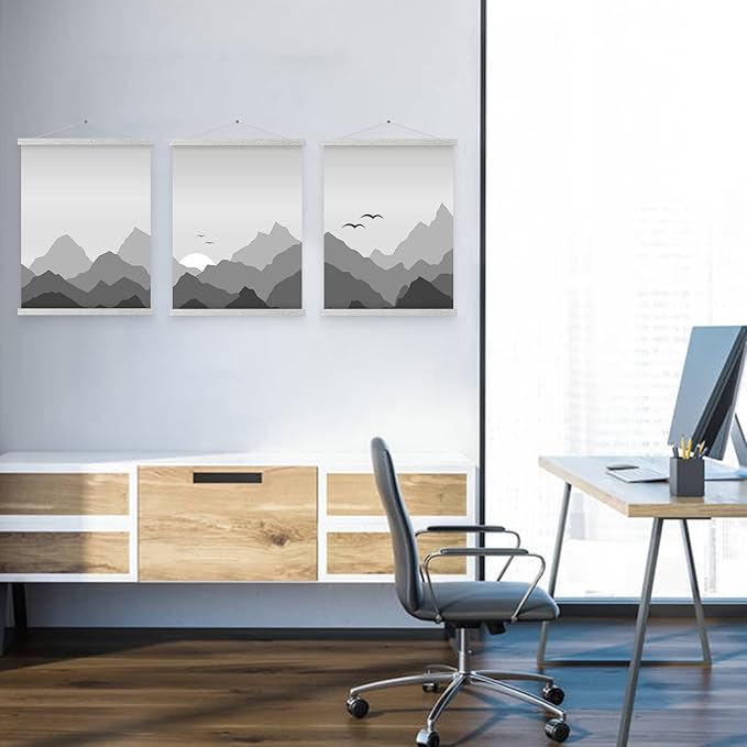 Magnetic Poster Hanger, 22x34 22x28 22x14 Poster Frame Wood Wooden Magnet Print Posters Dowel Scroll Hanger Hangers Hanging Kit for Walls Map Canvas Artwork (Grey, 22")