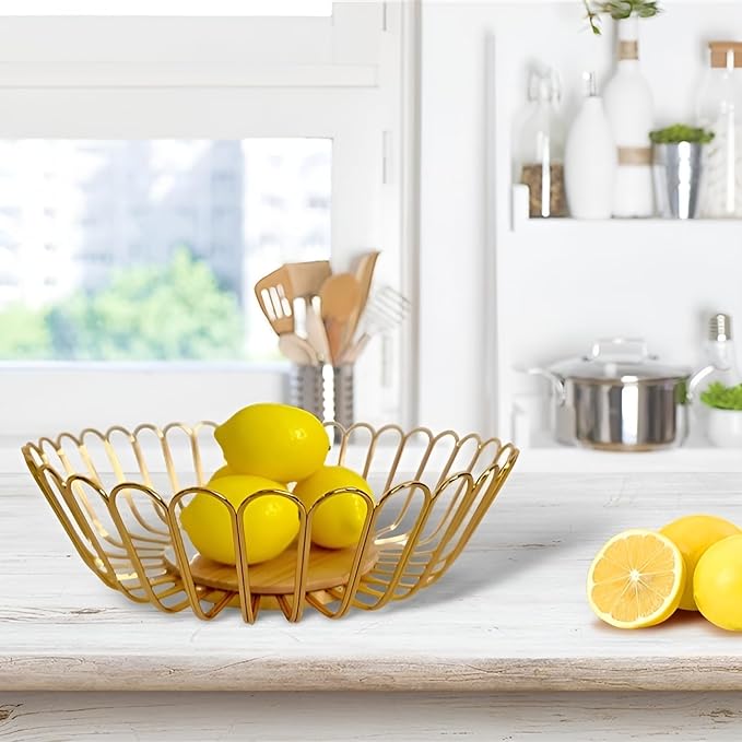 Gold Fruit Basket Metal Wire Fruit Basket Bowl Kitchen Countertop Large Storage Serving Holder for Lemon Banana Onion - Wooden Stand - 12 Inch (Gold Wood)