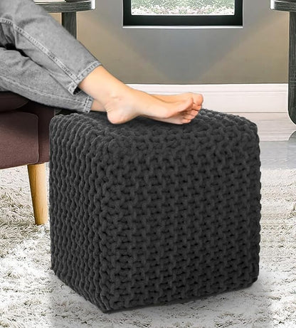 COTTON CRAFT Braided Cube Pouf - Hand Knitted Cotton Cord Cable Dori Ottoman - Foot Stool - Floor Pouf - Footrest - Portable Lightweight Accent Seat - Living Room Bedroom Dorm - 15 x 15 Square - Grey