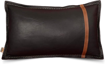 Genuine Lambskin Leather Pillow Cover, 22x30 Inch Case for Lumbar Throw Couch Pillows, Thick & Soft Cushion Covers for Sofa Bed Home Decor (Black & Tan Box Pack of 1)