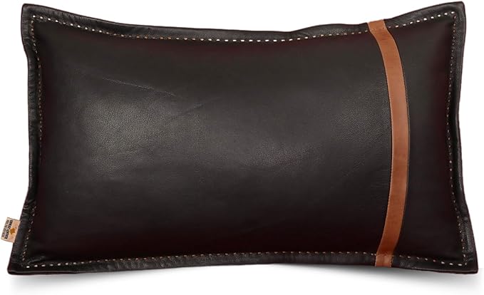 Genuine Lambskin Leather Pillow Cover, 20x28 Inch Case for Lumbar Throw Couch Pillows, Thick & Soft Cushion Covers for Sofa Bed Home Decor (Black & Tan Box Pack of 1)