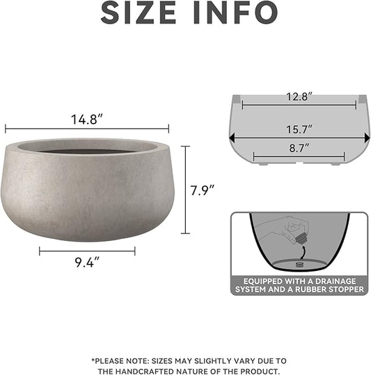 Kante 15.7" Dia Round Concrete Planter, Outdoor Indoor Garden Plant Pots with Drainage Hole and Rubber Plug, Modern Curvaceous Design, Weathered Concrete