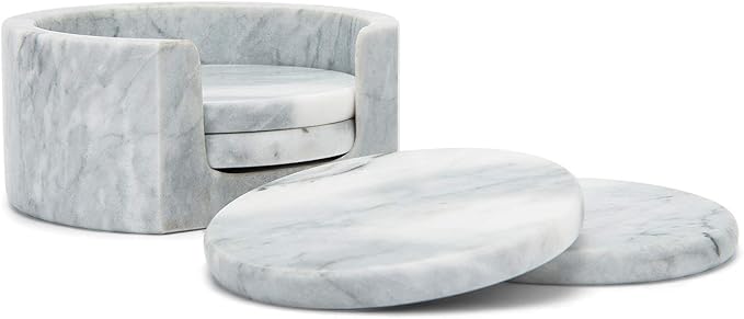 Fox Run Natural Polished Marble Coasters, Set of 4 White Coasters With Holder