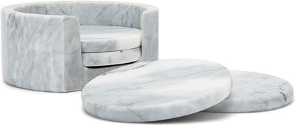 Fox Run Natural Polished Marble Coasters, Set of 4 White Coasters With Holder