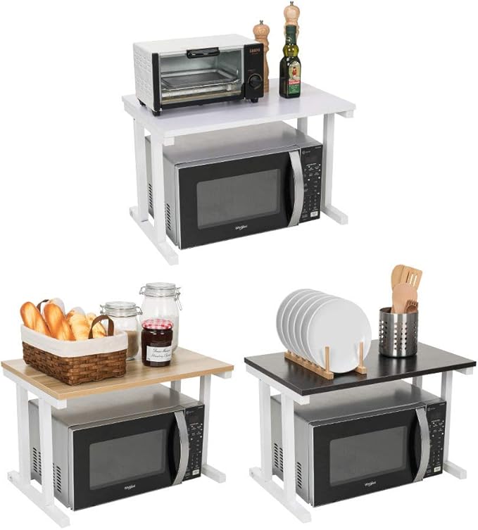 Wooden Microwave Oven Rack, 2-Tier Kitchen Counter Shelf, Kitchen Space Saving Organizer, Two Layers Counter Top Organizer for printers on desk, Microwave Shelf Stand,Microwave Countertop Stand- Black