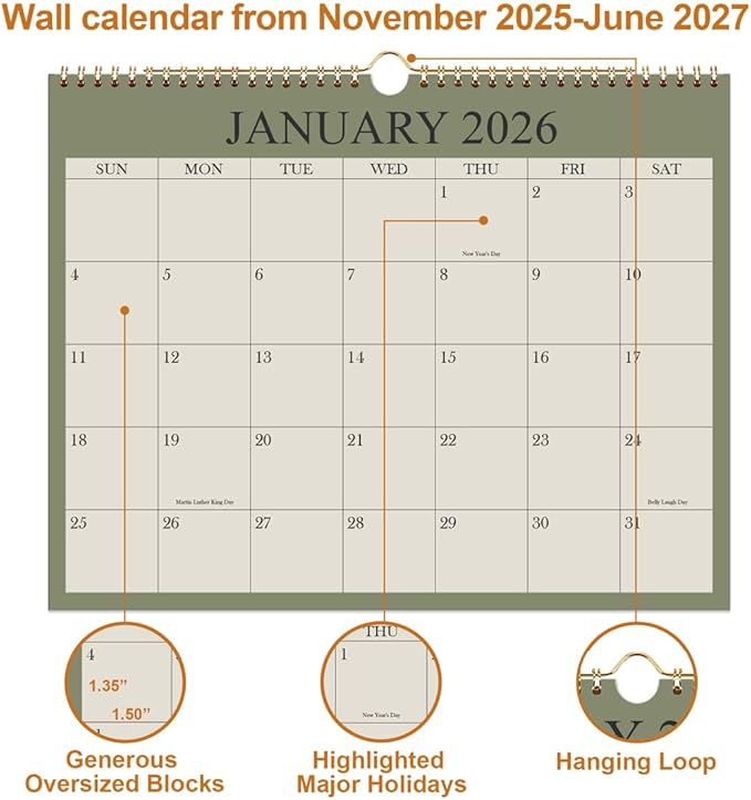 2026 Calendar - Wall Calendar 2026-2027 from January 2026 - June 2027, 18 Months Calendar with Premium Paper, Twin-Wire Binding & Hanging Hook, 8.5" x 11", Green