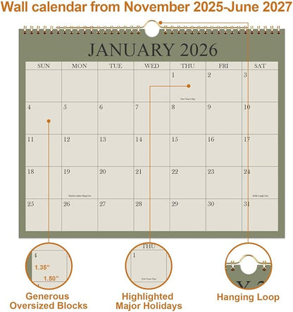2026 Calendar - Wall Calendar 2026-2027 from January 2026 - June 2027, 18 Months Calendar with Premium Paper, Twin-Wire Binding & Hanging Hook, 8.5" x 11", Green