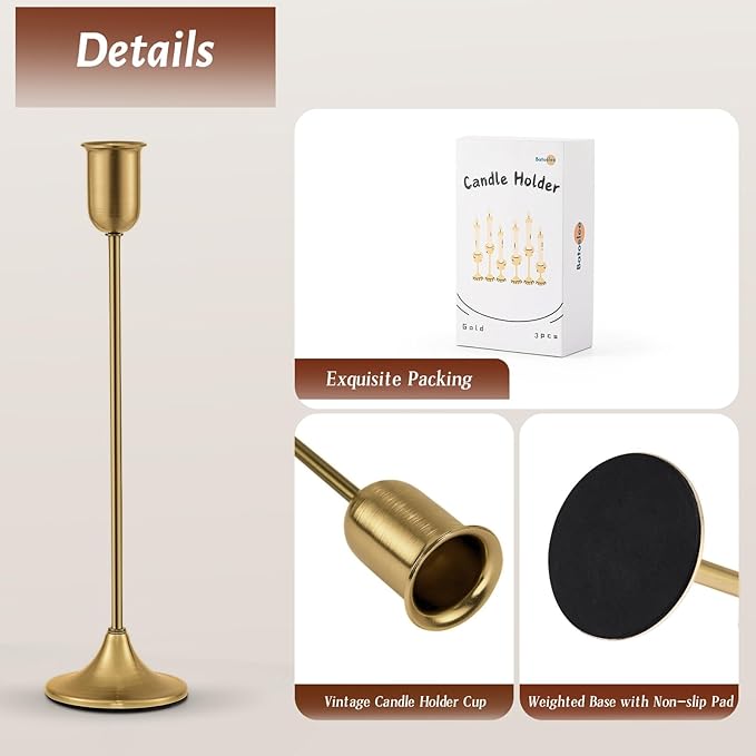 Brass Gold Candlestick Holders, Metal Taper Candle Holders Set of 6, Vintage Modern Candle Sticks Holder Decor for Table Centerpiece, Fireplace Mantel Wedding Housewarming Gift, Candlelit Dinner Décor