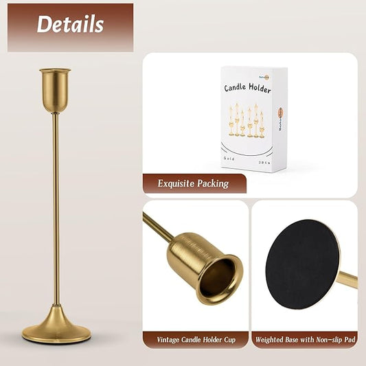 Brass Gold Candlestick Holders, Metal Taper Candle Holders Set of 6, Vintage Modern Candle Sticks Holder Decor for Table Centerpiece, Fireplace Mantel Wedding Housewarming Gift, Candlelit Dinner Décor