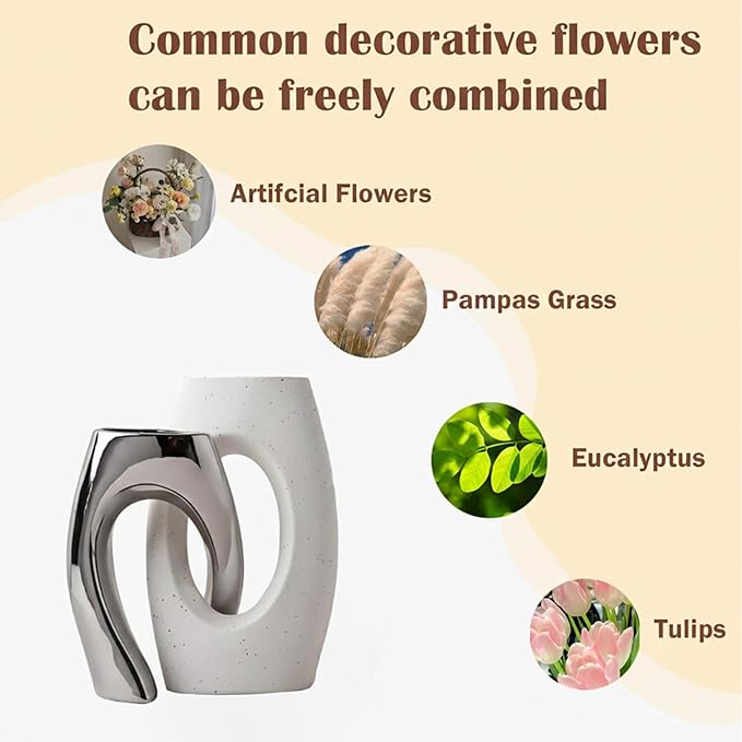 Ceramic Vase Set of 2 by DecoVlog, White and Silver Hollow Living Room Decor Vase, Minimalist Decorative Modern Boho Vase for Table Centerpiece Wedding Dining Living Room Office House Decoration
