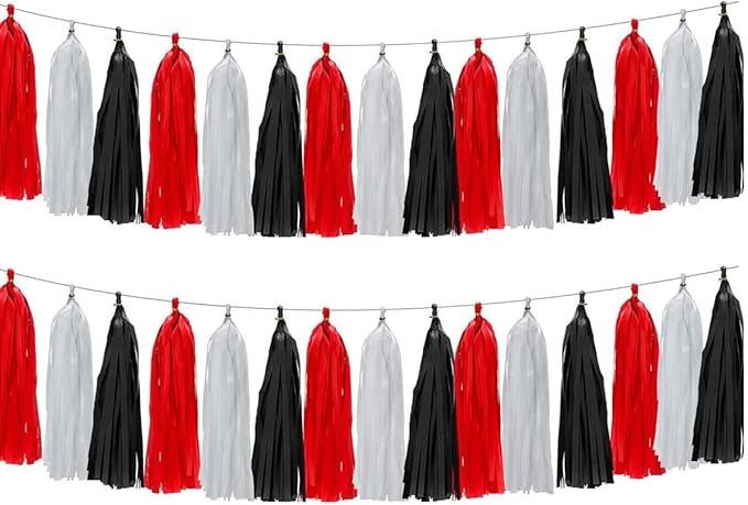 30pcs Paper Tassels Garland Banner Tissue Paper Tassel DIY Hanging Paper Decorations Party Tassel Garland Decor Baby Shower Nursery Wedding Festival Baby Shower Decoration(30, White+Black+red)