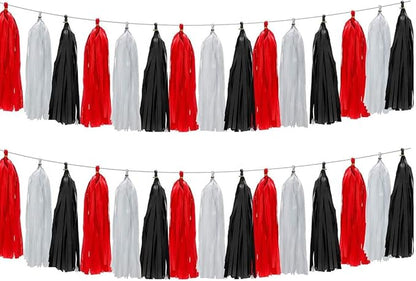 30pcs Paper Tassels Garland Banner Tissue Paper Tassel DIY Hanging Paper Decorations Party Tassel Garland Decor Baby Shower Nursery Wedding Festival Baby Shower Decoration(30, White+Black+red)