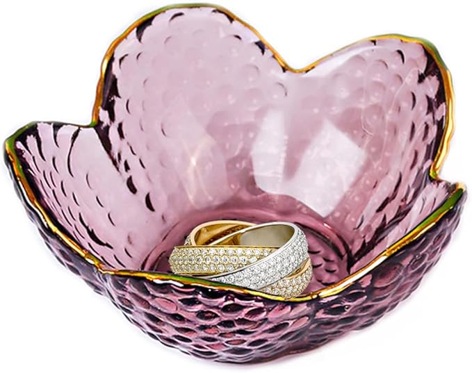 Flower Ring Jewelry Dish Tray, Decorative Glass Trinket Tray, Jewelry Earring Dish Holder, Key Bowl, Decoration Plate for Women Wife Mom (Purple)