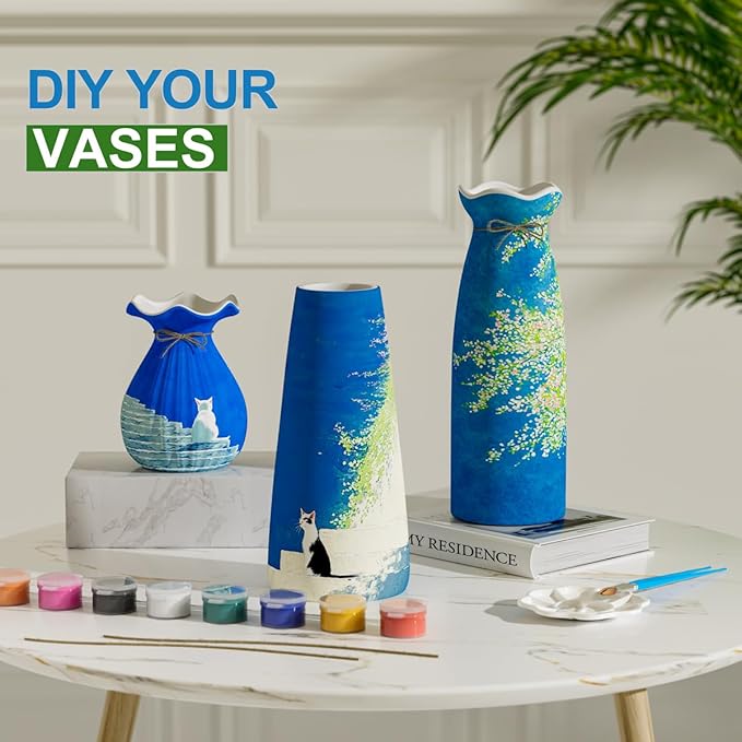 OERGKE 3-Pack Ceramic Vase with Painting Kit, Small vases for Flowers, Modern Rustic Boho Vases for Home Living Room Farmhouse Decor Dining Table Bedroom Table and Kitchen Shelf (Blue)