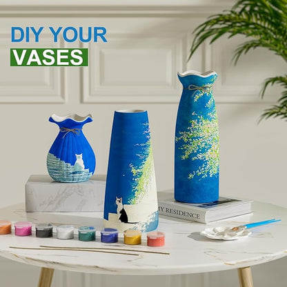 OERGKE 3-Pack Ceramic Vase with Painting Kit, Small vases for Flowers, Modern Rustic Boho Vases for Home Living Room Farmhouse Decor Dining Table Bedroom Table and Kitchen Shelf (Blue)