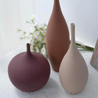 Ceramic Modern Vase Set of 3 Farmhouse Decorative Vase Minimalist Aesthetic Vases for Centerpieces Matte Ribbed Vases for Home Decor Table Entryway Living Room (Brown+Khaki+ Dark Red)