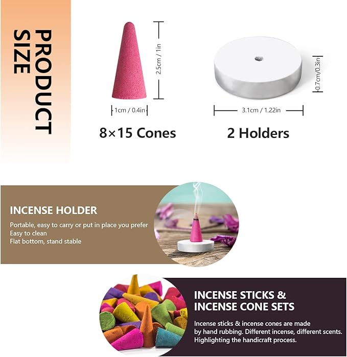 STRN Incense Cones Assorted Scented with Holder, 120 Cones Total Incense Variety Pack Gift Set, Rose, Sage, Lavender, Violet, Cinnamon, Eucalyptus, Sandalwood, Rain Forest