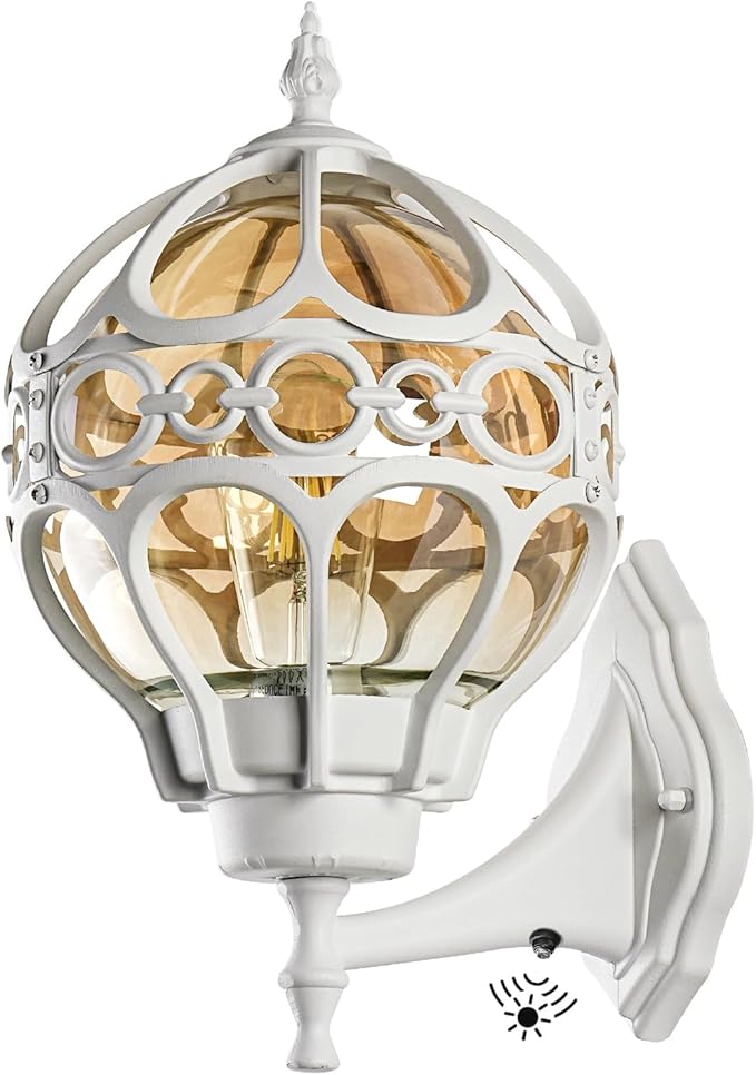 Dusk to Dawn Globe Outdoor Wall Lights, White Porch Light, Aluminum Waterproof Exterior Lighting Fixtures Wall Mount, Sphere Outside House Sconces Lantern with Amber Glass for Patio Garage Doorway