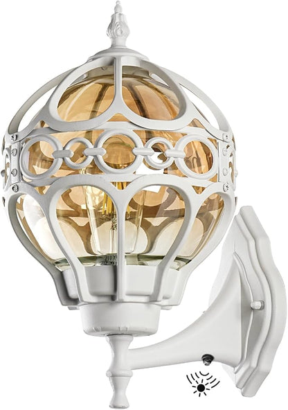 Dusk to Dawn Globe Outdoor Wall Lights, White Porch Light, Aluminum Waterproof Exterior Lighting Fixtures Wall Mount, Sphere Outside House Sconces Lantern with Amber Glass for Patio Garage Doorway