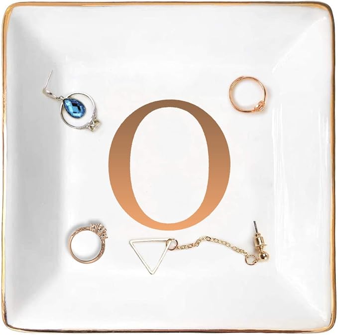 ANOTION Jewelry Tray Ring Dish with Ini-tial Gift- Personalized Trinket Dish and Jewelry Dish with Gold Initials Key Bowl Ceramic Holder, Unique Wedding or Engagement Present