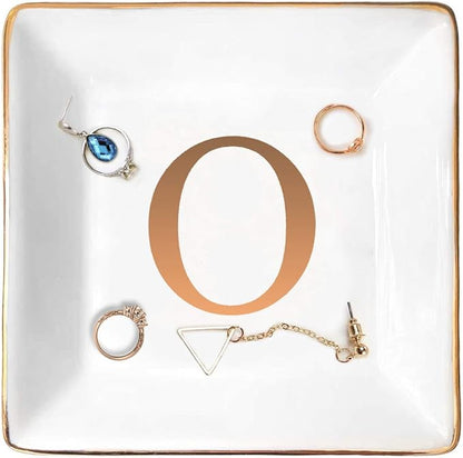 ANOTION Jewelry Tray Ring Dish with Ini-tial Gift- Personalized Trinket Dish and Jewelry Dish with Gold Initials Key Bowl Ceramic Holder, Unique Wedding or Engagement Present