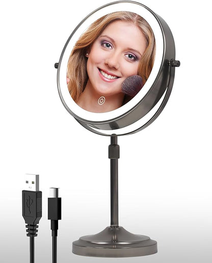 9" Lighted Makeup Mirror with with Lights and Magnification 1X/10x, 5000mAh Rechargeable Magnifying Vanity Mirror, 3 Light Colors Dimmable & Height Adjustable Mirror Gunmetal Grey