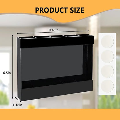 9.5" Large Acrylic Straw Holder for Cabinet Door-Reusable Tumbler Straw Organizer Storage,Small Kitchen Organizers and Storage Accessories Container, Ultra Sticky Cupboard Door Mounted(Black)