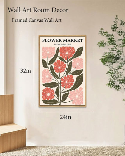 Zzuyi Framed Flower Market Wall Art,Vintage Flower Pictures,Pink Wildflower Botanical Posters Prints Pictures Artwork for Bedroom Living Room 12x16 Inch