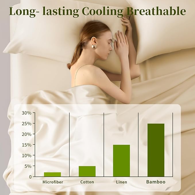 Shilucheng 100% Viscose Derived from Bamboo_ Sheets Cal King Size 4pcs - Ultra Cooling & Silky Soft Bed Sheets, 16" Deep Pocket, Perfect for Hot Sleepers, Hotel Bedding Sheets (Beige)