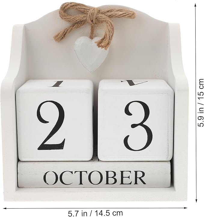 ULTNICE Wooden Perpetual Calendar Decorative Block for Home and Office Rustic European Style Date Display with White Finish Ideal Photography Prop and Desk Accessory (5.7 X 5.9 in)