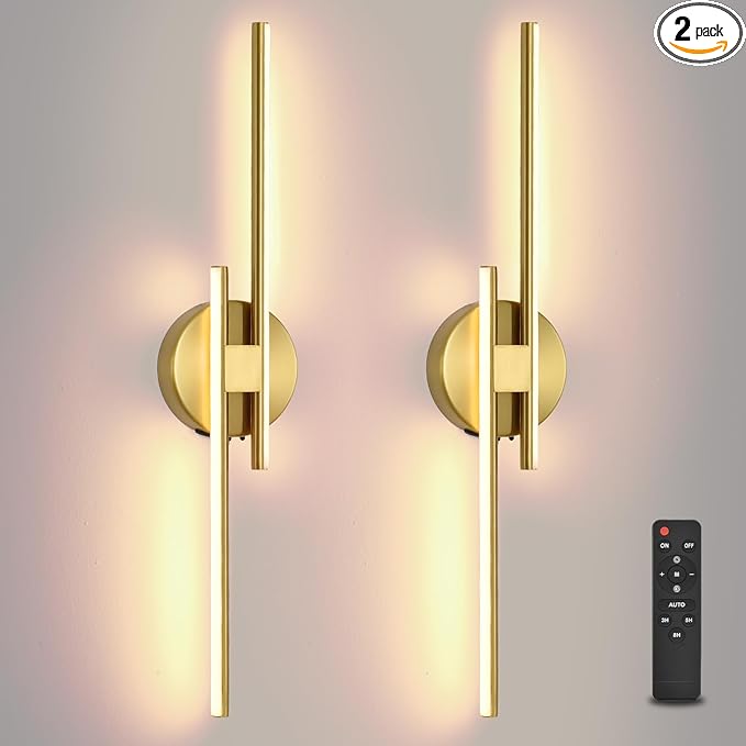 Battery Operated Wall Sconce Set of 2,Gold 23.6" 3000K-6500K LED Dimmable Wall Sconces with Remote Control,Wireless Wall Light USB Rechargeable for Bedroom Hallway Living Room Background Wall Lighting