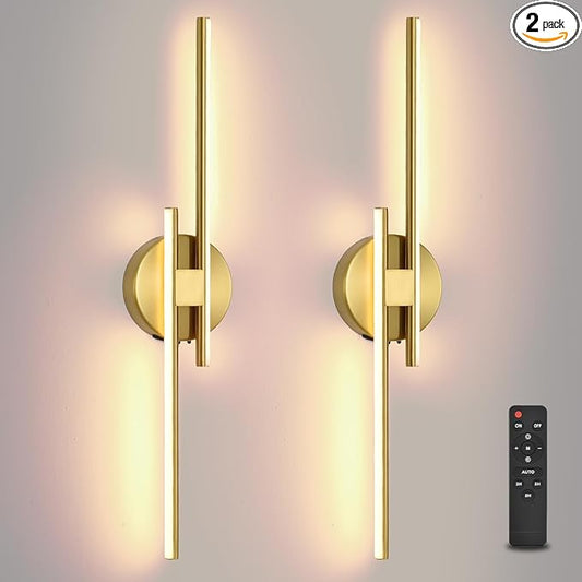 Battery Operated Wall Sconce Set of 2,Gold 23.6" 3000K-6500K LED Dimmable Wall Sconces with Remote Control,Wireless Wall Light USB Rechargeable for Bedroom Hallway Living Room Background Wall Lighting