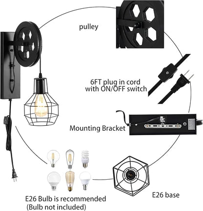 Plug in Wall Sconce Rustic Wall Light Lift Pulley Matte Iron Cage Shade Metal Black Industrial Mid Century Wall Lamp Indoor Lighting Barn Restaurant