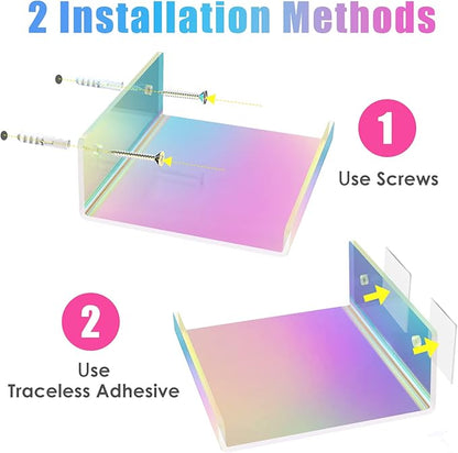NiHome 2-Pack Medium Iridescent Acrylic Floating Shelves with Edge, 7.9"x4.5" Rainbow Ledge Shelf Adhesive & Screw Wall Mounting Phone Holder Shelf for Home Décor, Bathroom, Kitchen and Office