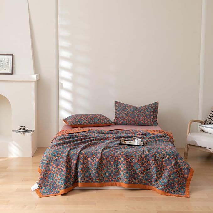 100% Cotton Muslin Blanket Jacquard Bohomian Mandala Floral Print Quilt, Soft Bed Cover 3 Layers Reversible Bedspread Coverlet Breathable Lightweight Bedding King(98"x94"), No Pillow Sham