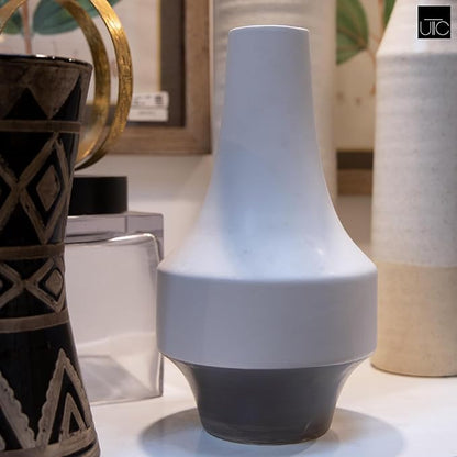 Urban Trends Stoneware Round Long Neck, Gray Banded Rim Base and Tapered Bottom LG Matte Finish White Vase