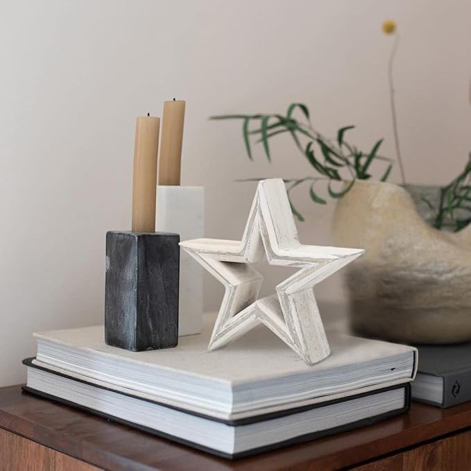 LOSOUR Set of 2 Decorative Objects Stars-Tiered Tray Decor, Coffee Table Decor, Shelf Decor Accents, Bookshelf Decor, Entry Table Decor, Desk Decor for Modern Farmhouse Decor (Washed White)