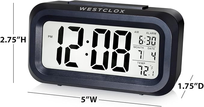 Westclox Digital LCD Alarm Clock with Large 1.4" Display, White Backlight on Demand, Month/Date and Temperature Display, Ascending 5-Minute Snooze Alarm – Bedroom or Office (Black)