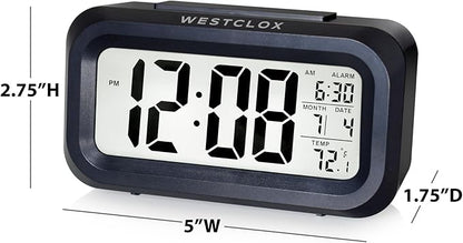 Westclox Digital LCD Alarm Clock with Large 1.4" Display, White Backlight on Demand, Month/Date and Temperature Display, Ascending 5-Minute Snooze Alarm – Bedroom or Office (Black)