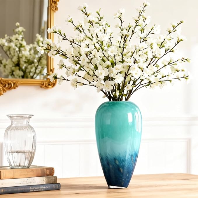 Teal Glass Vase – 11" Hand Blown Glass Vase for Teal Home Decor Accents, Wide Mouth Turquoise Vases Home Decor for Centerpieces, Dining Table, Bookshelf, Bathroom or Living Room Display