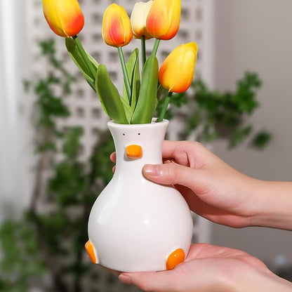 Handcrafted White Ceramic Duck Vase - Cute Animal-Themed Round Table Vase | Trendy Funky Art Decor for Fresh Flowers, Utensils & Accessories | Handcrafted Gift for Home Bedroom Office Decor