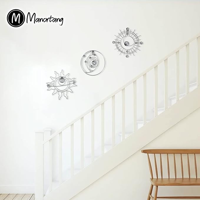 Silver Metal Wall Art, Abstract Sun Moon Star Decor, Modern Line Art Christmas Decorations, Mystical Star Circle Planet Handmade Wall Christmas Decor for Living Room Kitchen Office 9 inch