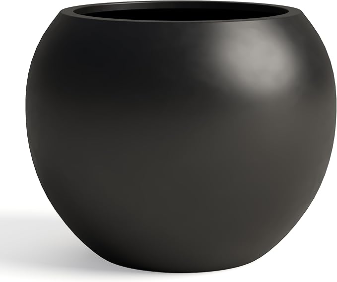 DTY Signature Mount Sherman 19.7''D x 21.7''H Modern Indoor Outdoor Fiberstone Sphere Planter, Durable Round Garden Pot, Weather Resistant, Drainage Hole & Rubber Plug - Large, Black