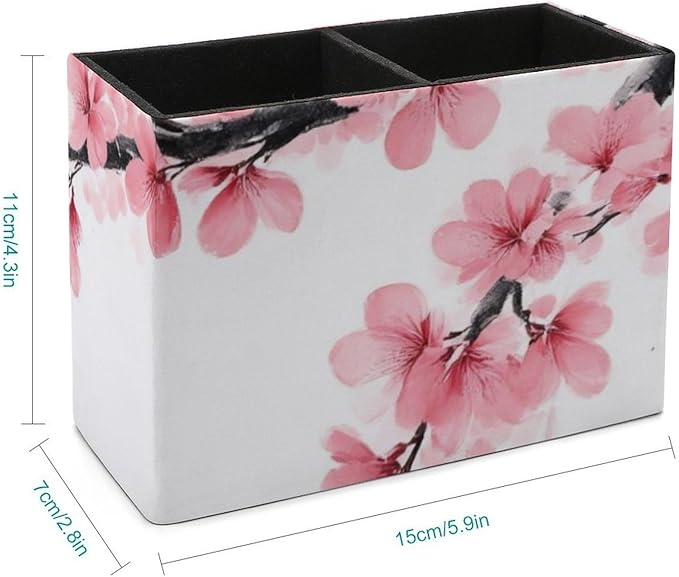 Fashion Desk Pen Holder PU Leather Desk Organize Decor, Makeup Brush Storage Branch Of A Flourishing Tree Cherry Flowers Blossoms Spring Theme Art