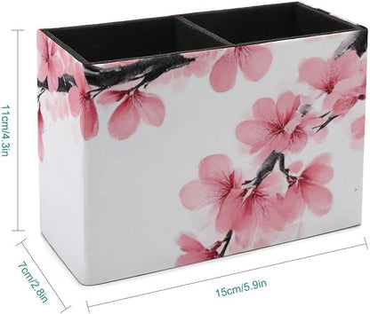 Fashion Desk Pen Holder PU Leather Desk Organize Decor, Makeup Brush Storage Branch Of A Flourishing Tree Cherry Flowers Blossoms Spring Theme Art