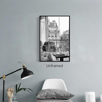 Black and White Photography Canvas Wall Art, Woman Reading Newspaper In Paris Hotel Aesthetic Poster, Retro Paris Tower Museum Photo Print, Luxury Fashion Breakfast Wall Decor 24x36in Unframed