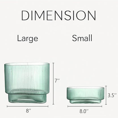 Short Glass Vases, Set of 2 Green Glass Vases for Tulips, Ribbed Vase for Flowers, Modern Small Vase for Living Room, Dining Room, Bathroom, Desk, Shelf, Wedding, Office