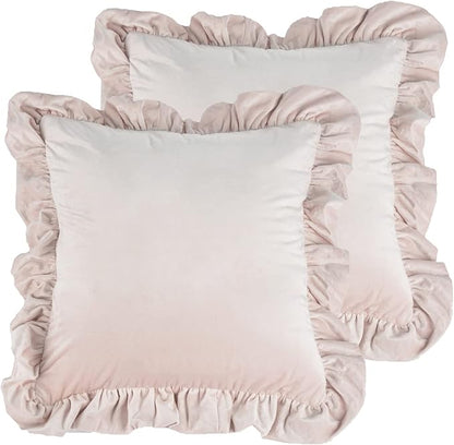 Velvet Ruffle Throw Pillow Covers Couch, Set of 2 Decorative Pillowcases with Ruffles 18x18 Inch Solid Color Shabby Chic Farmhouse Cushion Cover for Living Room Sofa Bed, Light Pink